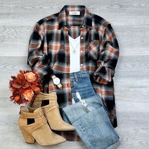 Oversized Long Sleeve Button up Plaid Fall Flannel - Black